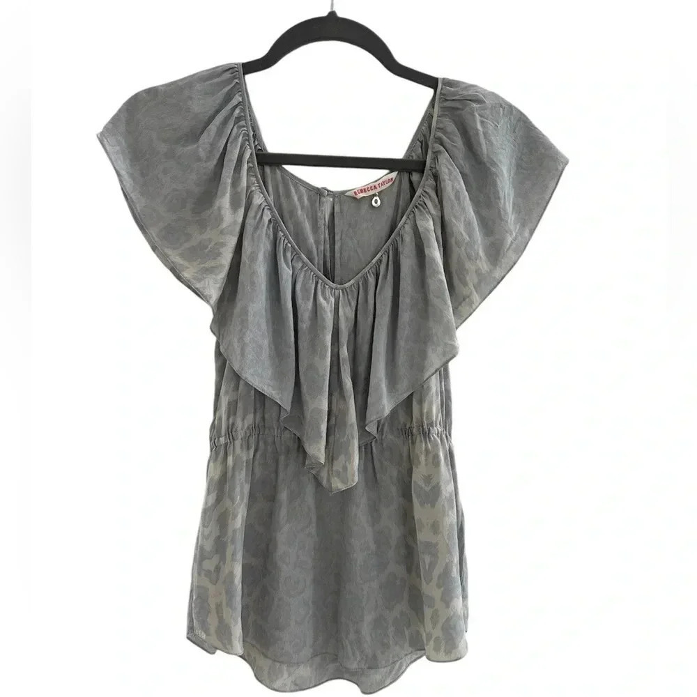 Rebecca Taylor Silver Leopard Print Silk Ruffled Top Size XS Dressy Top